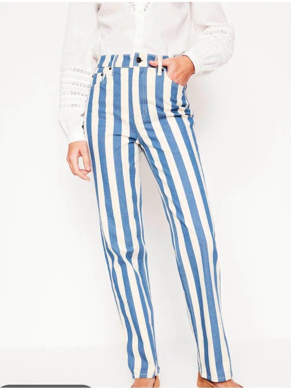 Boden Blue & White Vertical-Stripe High-Rise Jeans
